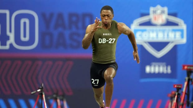 Mar 1, 2024; Indianapolis, IN, USA; Toledo defensive back Quinyon Mitchell (DB27) works out during the 2024 NFL Combine at Lucas Oil Stadium.